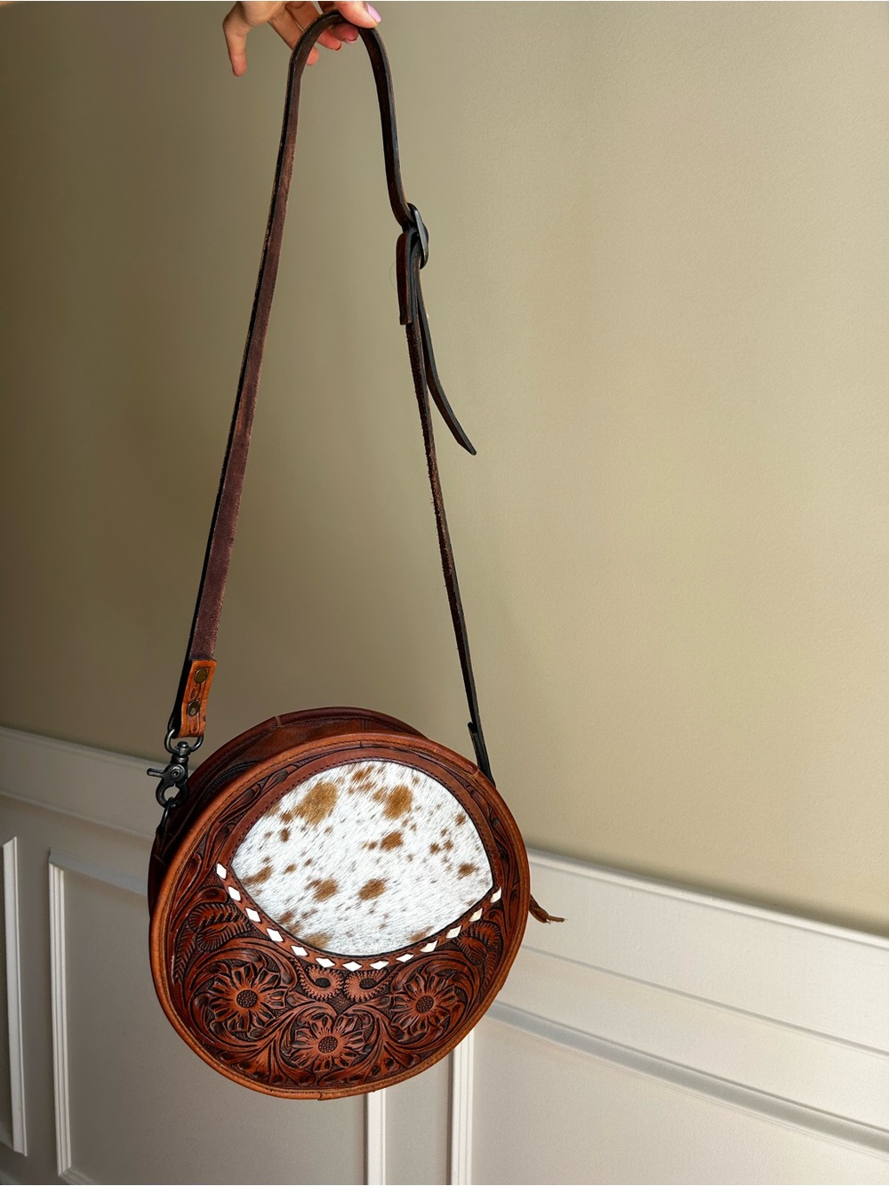 Brown Tooled Leather Round Crossbody Bag with Cowhide Accent